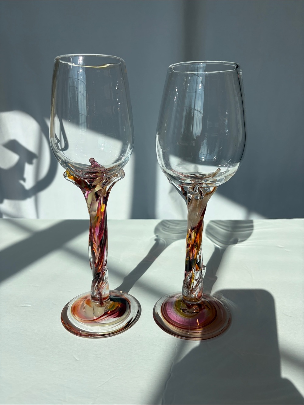 Handblown Multicolor Twisted Stem Wine Glass - Set of 2, 10.5”H